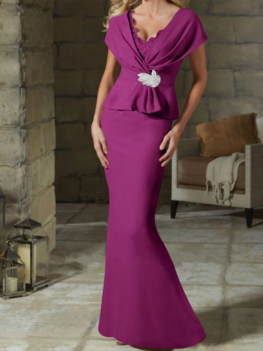 V-Neck Belted Mother of the Bride Sheath Dress for Weddings