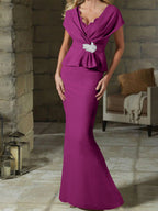 V-Neck Belted Mother of the Bride Sheath Dress for Weddings