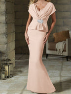 V-Neck Belted Mother of the Bride Sheath Dress for Weddings