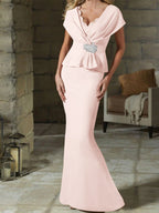 V-Neck Belted Mother of the Bride Sheath Dress for Weddings