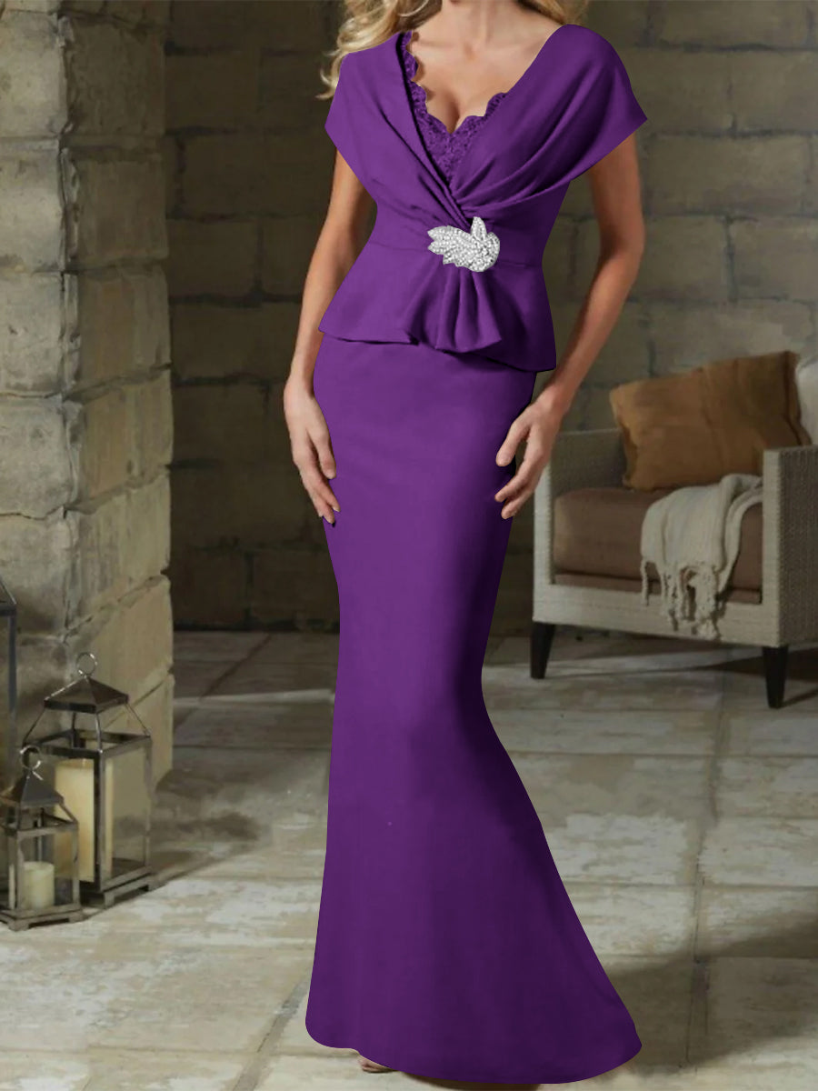 V-Neck Belted Mother of the Bride Sheath Dress for Weddings