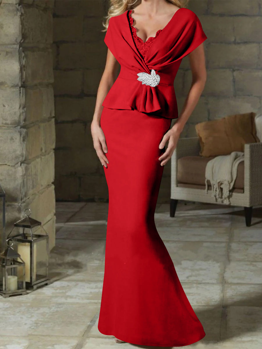 V-Neck Belted Mother of the Bride Sheath Dress for Weddings