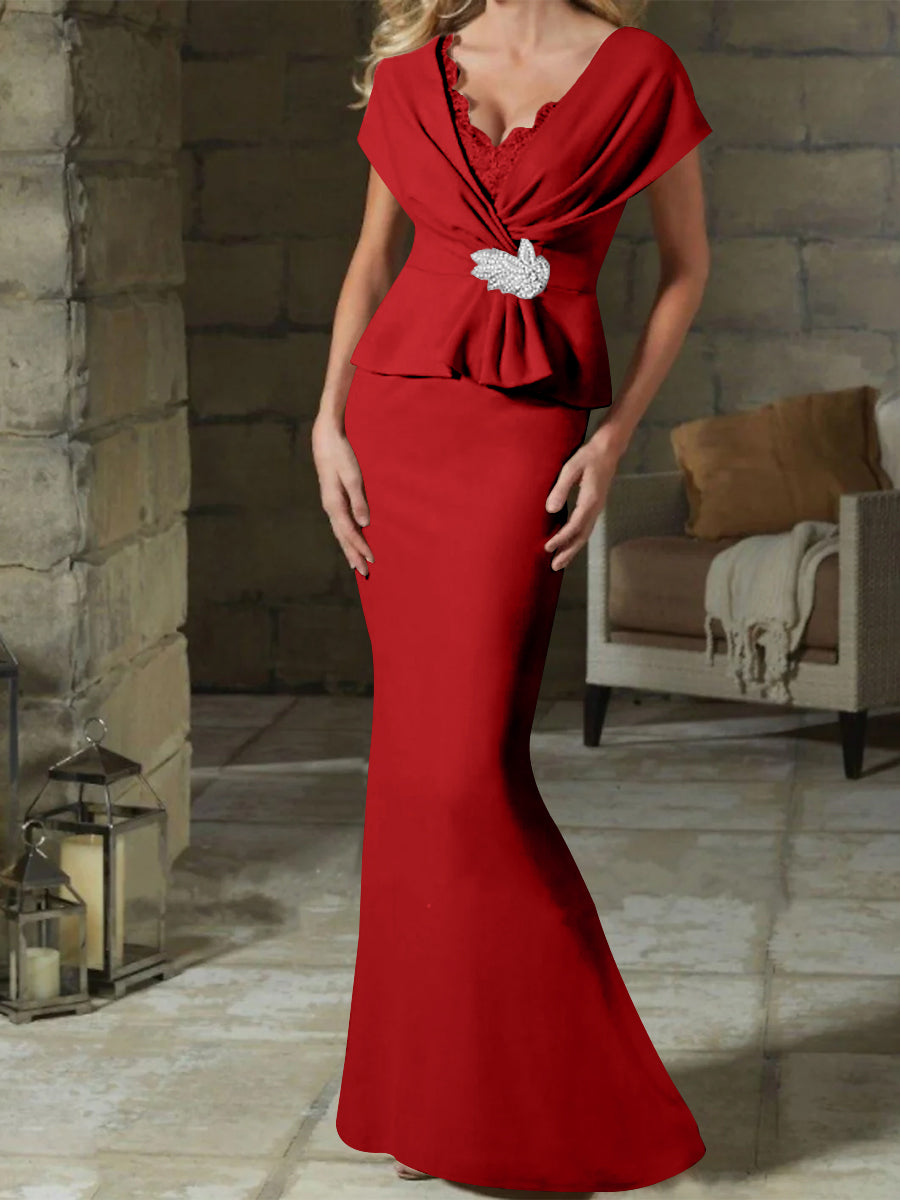 V-Neck Belted Mother of the Bride Sheath Dress for Weddings