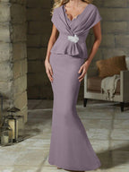 V-Neck Belted Mother of the Bride Sheath Dress for Weddings