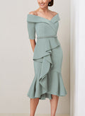 Off Shoulder Beaded Ruffled Mother Of The Bride Sheath Dress With Half Sleeves