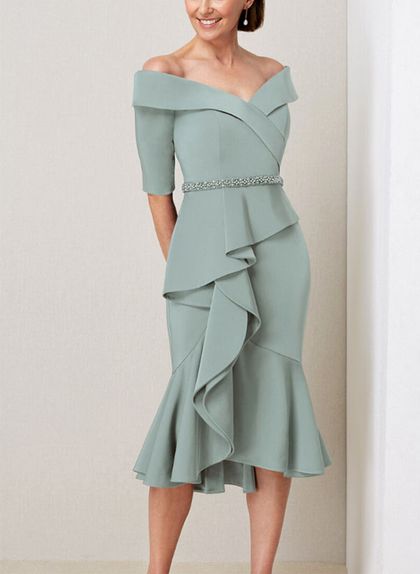 Off Shoulder Beaded Ruffled Mother Of The Bride Sheath Dress With Half Sleeves