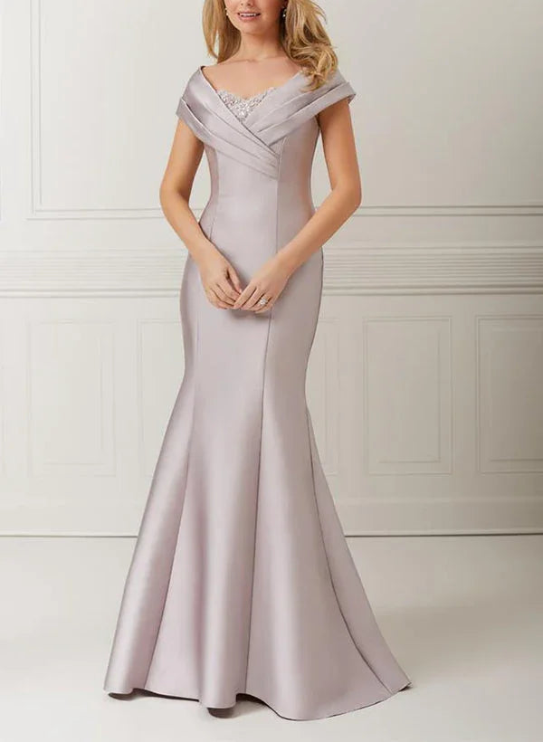 Abiti da madre della sposa in raso a spalle scoperte a tromba/mermaid con applicazioni e perline