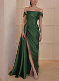 Off Shoulder Satin A Line Mother Of The Bride Dress With Side Split