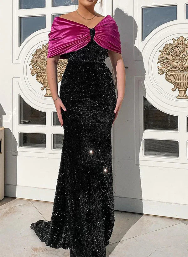 Vestidos de Mãe da Noiva com Lantejoulas, Ombros Descobertos, Trompete/ Sereia Brilhantes