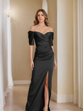 Off Shoulder Short Sleeve Mother of the Bride Dress With Front Split