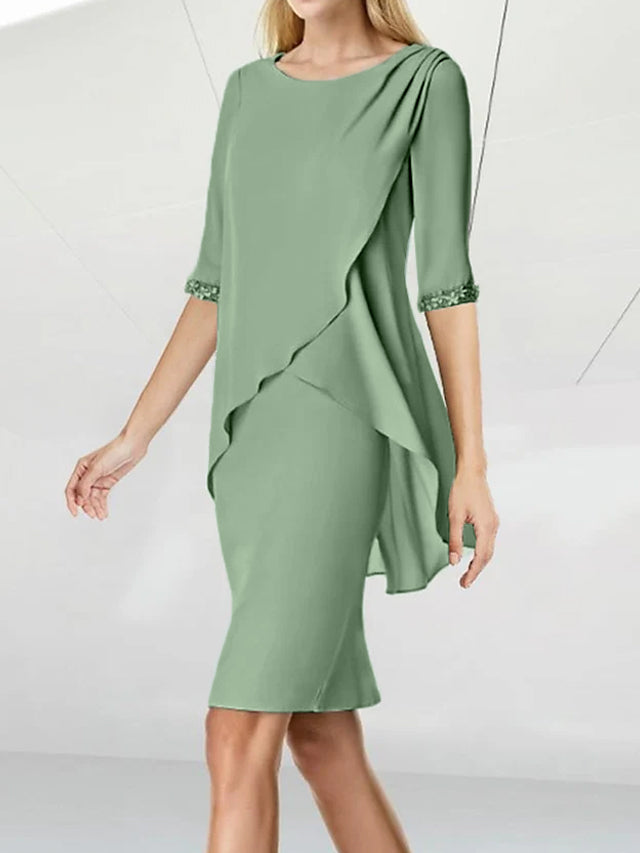 Knee Length Beaded Sheath Dress With Ruching For The Mother Of The Bride