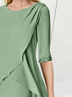 Knee Length Beaded Sheath Dress With Ruching For The Mother Of The Bride