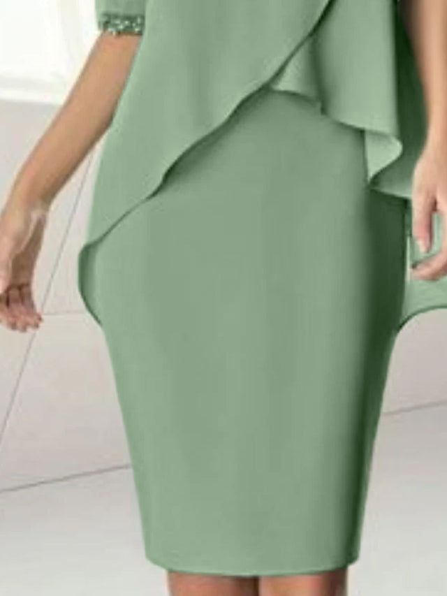 Knee Length Beaded Sheath Dress With Ruching For The Mother Of The Bride