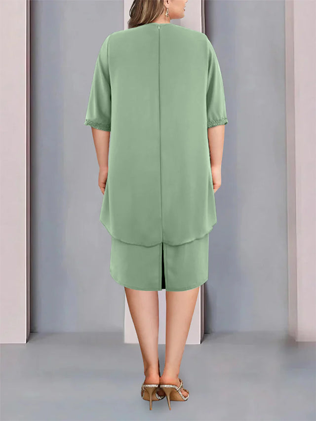 Knee Length Beaded Sheath Dress With Ruching For The Mother Of The Bride