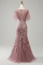 Floor-Length Mother of the Bride Lace Dresses with Trumpet/Mermaid Scoop Half Sleeves