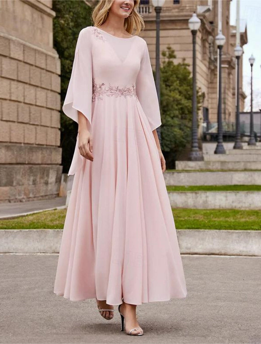 Princess A-Line Jewel Neck 3/4 Sleeve Sequined Ankle-Length Mother of the Bride Gown