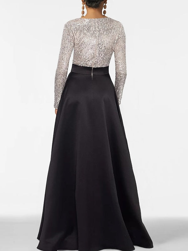 Vestido da mãe da noiva com decote em V evasé princesa até ao chão com bolso de mangas compridas e lantejoulas
