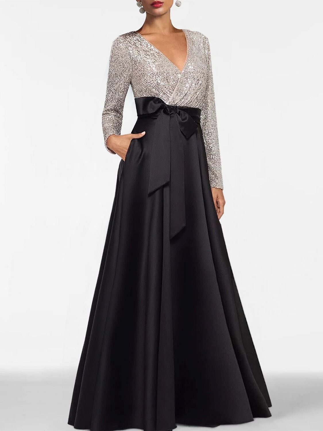 Vestido da mãe da noiva com decote em V evasé princesa até ao chão com bolso de mangas compridas e lantejoulas
