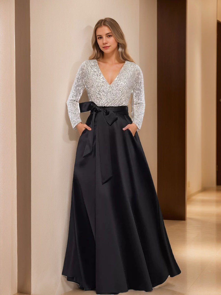Vestido da mãe da noiva com decote em V evasé princesa até ao chão com bolso de mangas compridas e lantejoulas