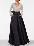 Vestido da mãe da noiva com decote em V evasé princesa até ao chão com bolso de mangas compridas e lantejoulas