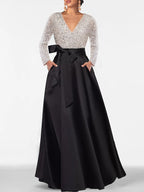 Vestido da mãe da noiva com decote em V evasé princesa até ao chão com bolso de mangas compridas e lantejoulas