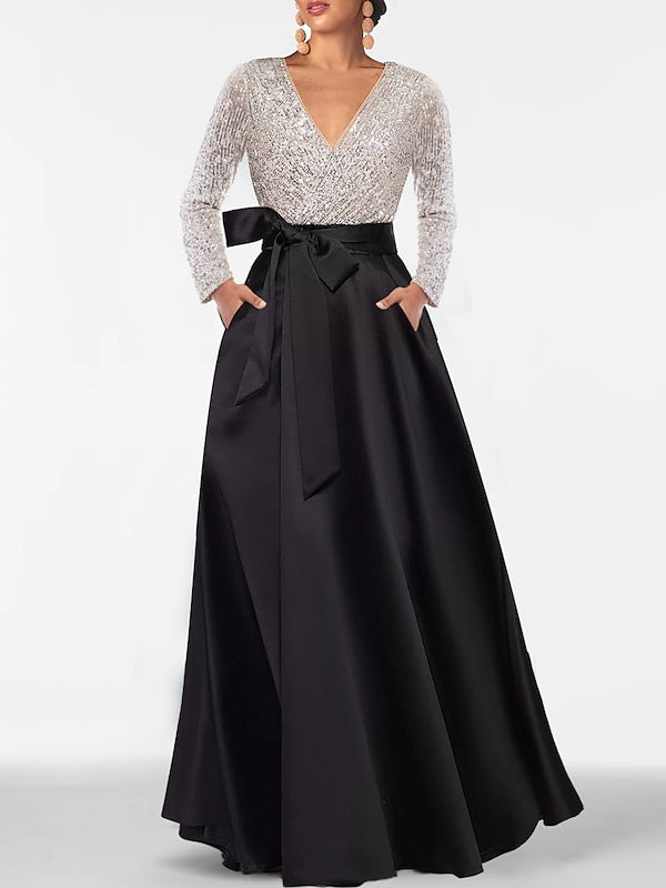 Vestido da mãe da noiva com decote em V evasé princesa até ao chão com bolso de mangas compridas e lantejoulas
