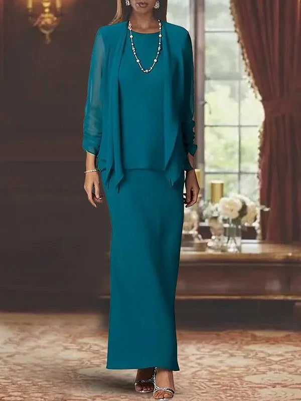 Vestidos para la madre de la novia con funda/columnas, escote en pico, mangas largas y largo hasta el suelo