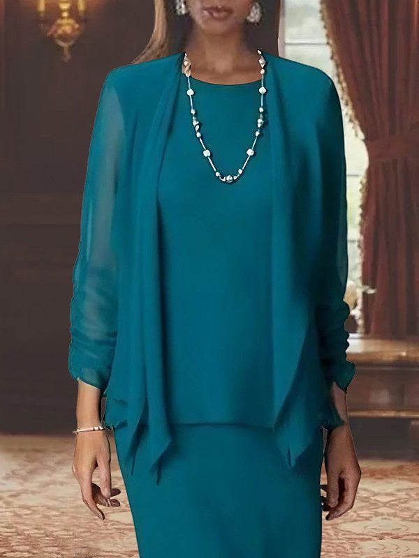 Floor-Length Scoop Neck Sheath Dress with Long Sleeves and Jacket for the Mother of the Bride