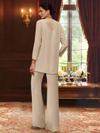 Plus Size Mother of the Bride Chiffon Pantsuit V Neck Floor Length Jacket Sequins