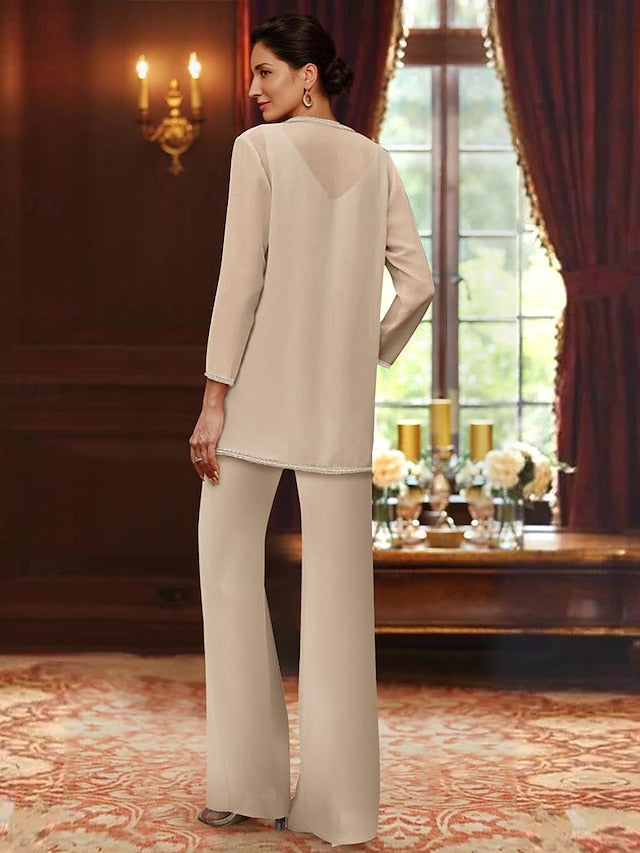 Fatos de chiffon com decote em V até ao chão, casaco e lantejoulas para a mãe da noiva