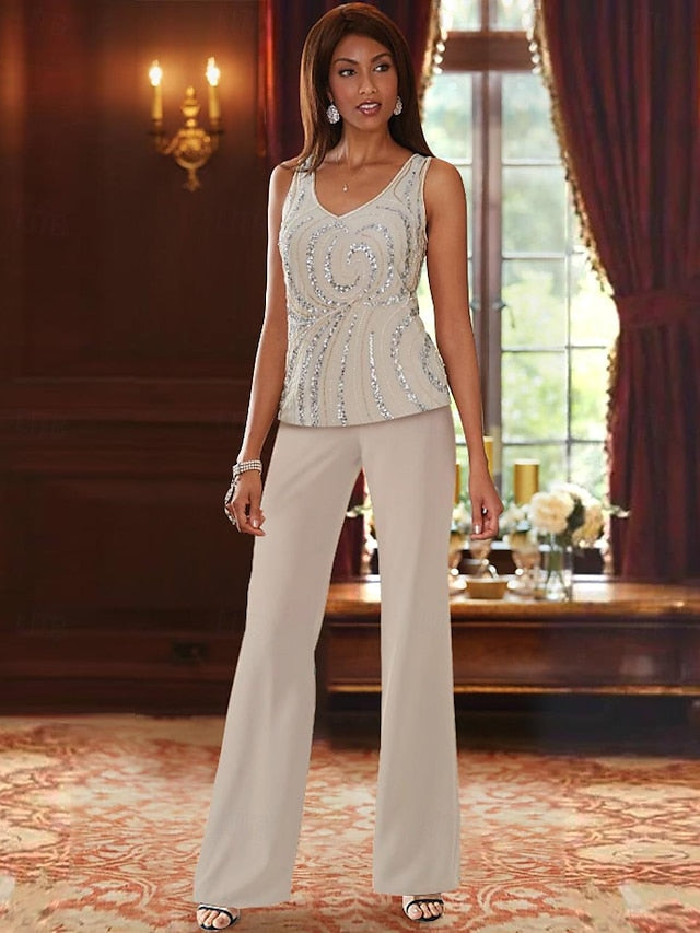 Fatos de chiffon com decote em V até ao chão, casaco e lantejoulas para a mãe da noiva