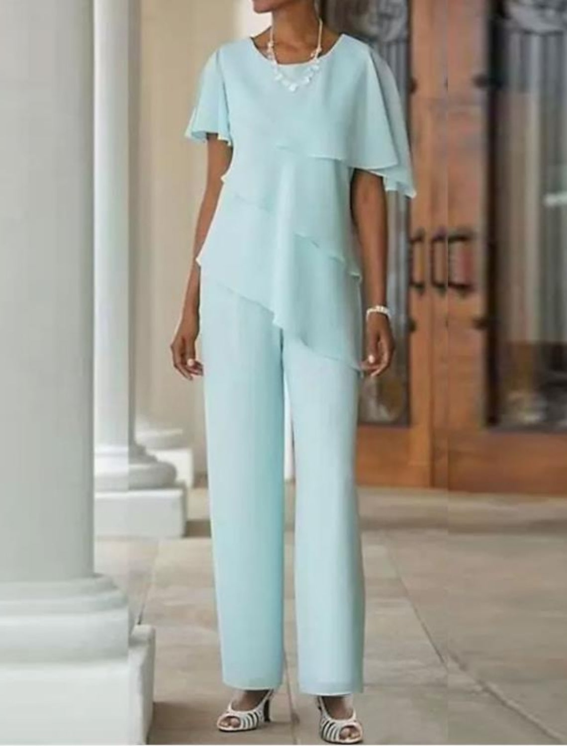 2 Piece Floor Length Mother Of The Bride Jumpsuit With Jewel Neckline