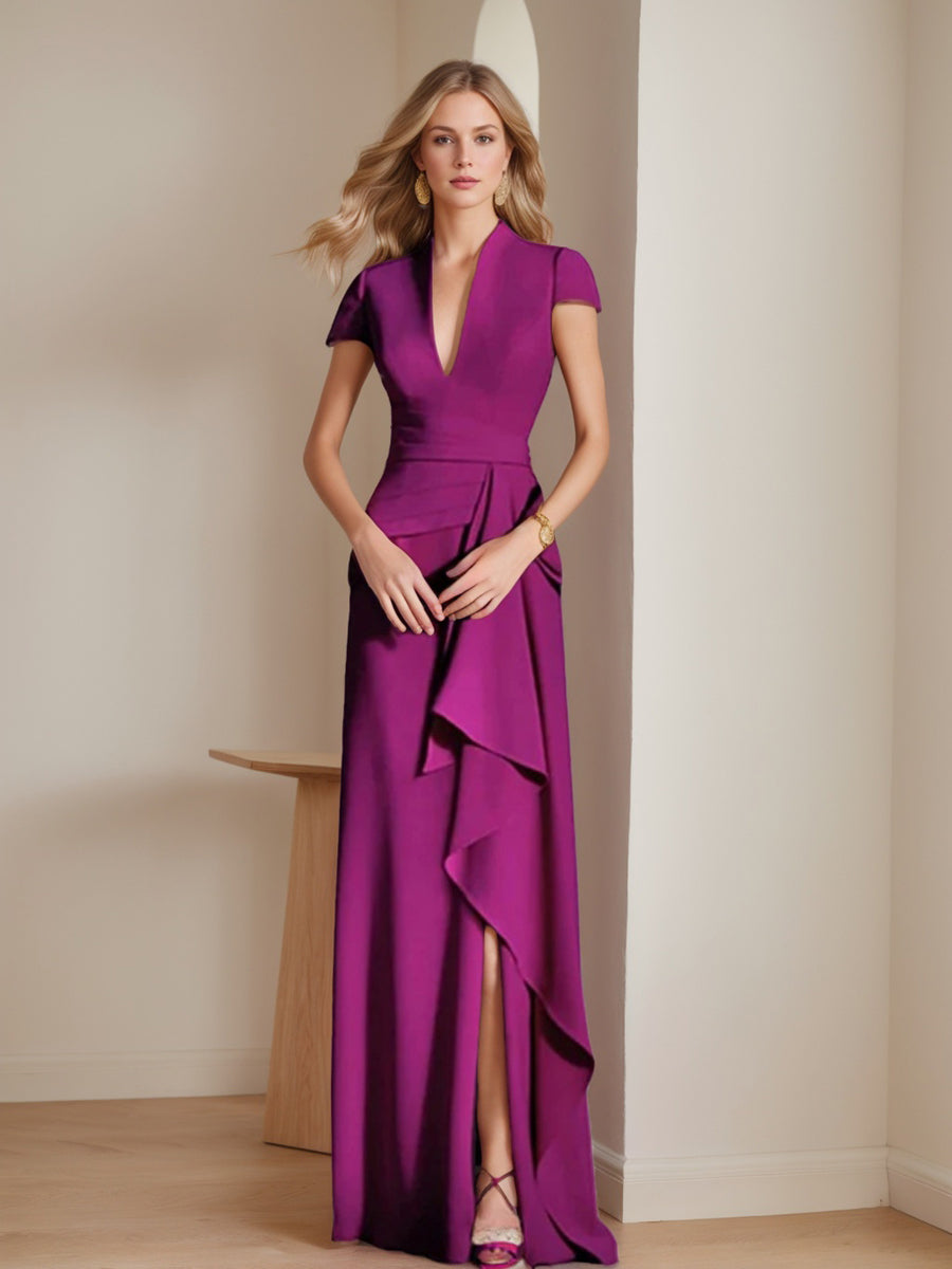 Vestido da mãe da noiva com decote em V, manga curta, comprimento até ao chão e risco ao lado