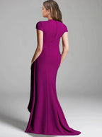 Plus Size Mother Of The Bride Floor Length V Neck Short Sleeve Dress Side Split
