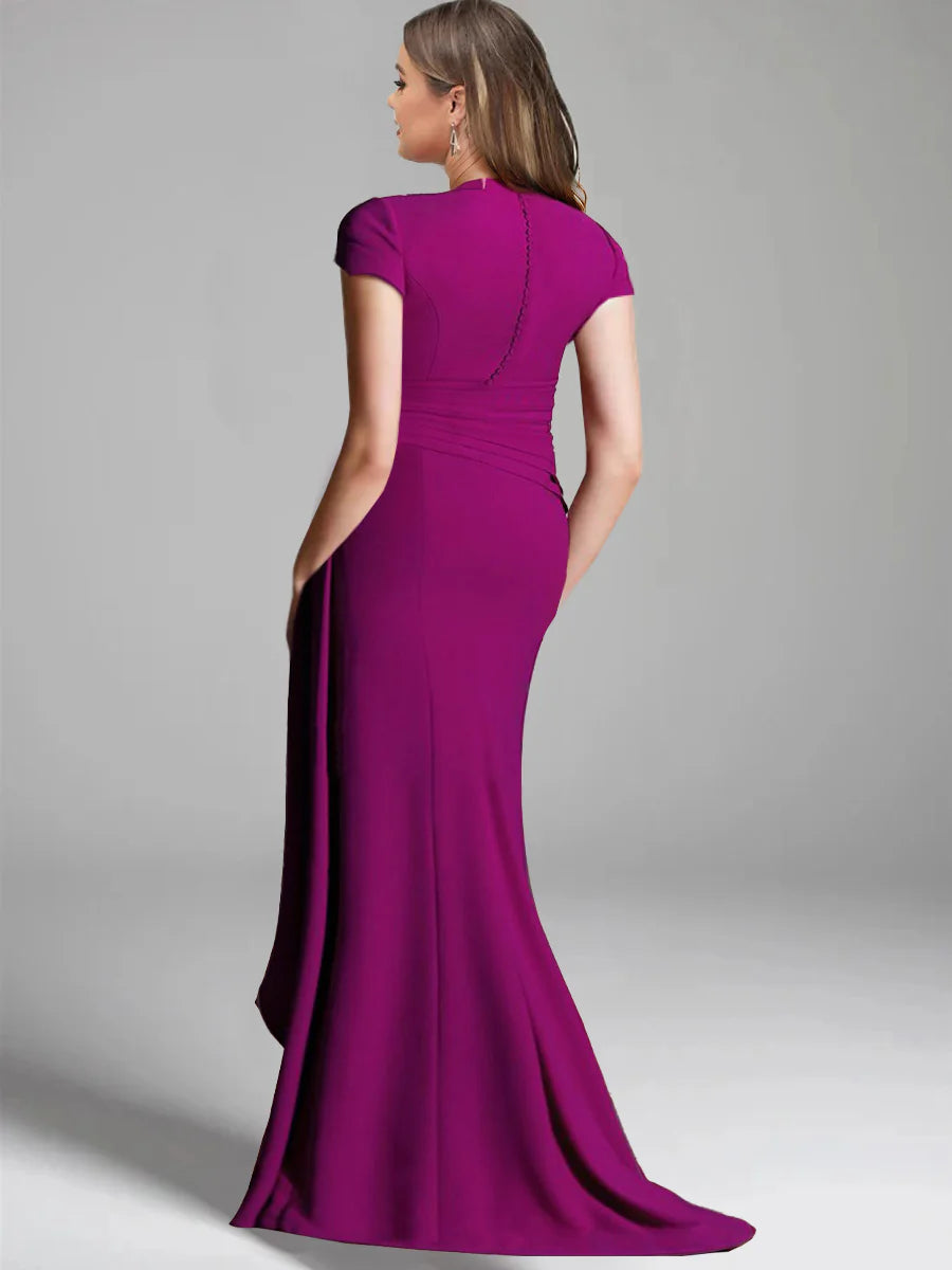 Plus Size Mother Of The Bride Floor Length V Neck Short Sleeve Dress Side Split