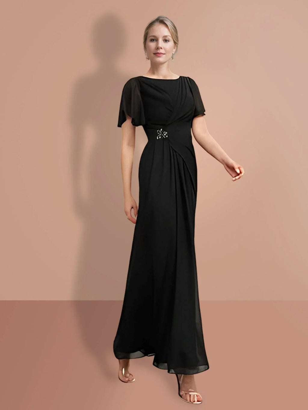 Vestidos de Mãe da Noiva com Bainha/Coluna, Comprimento ao Tornozelo, Mangas Curtas