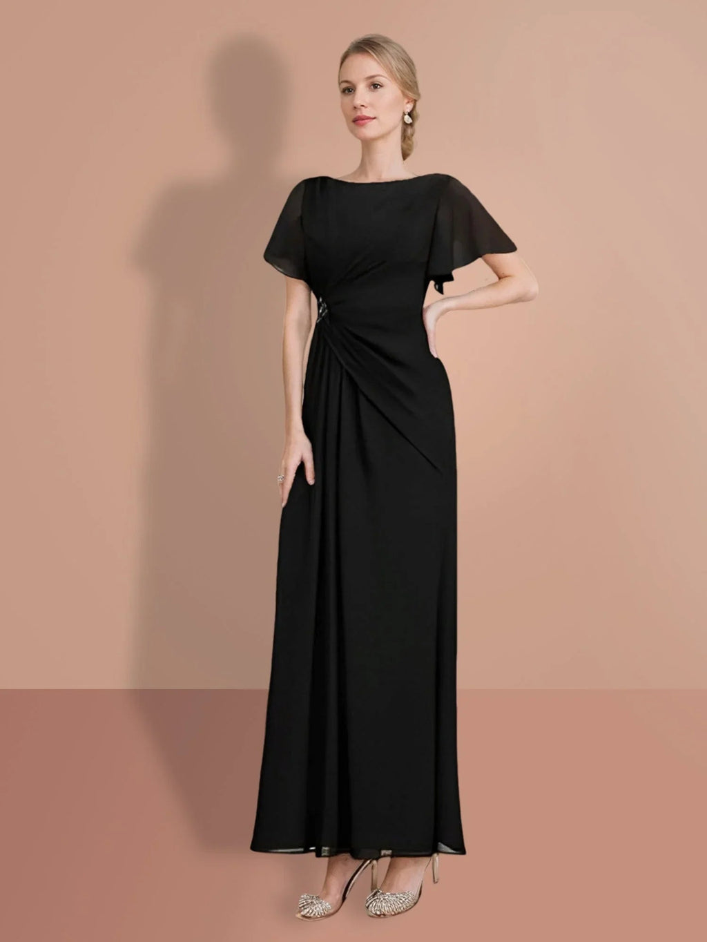 Vestidos de Mãe da Noiva com Bainha/Coluna, Comprimento ao Tornozelo, Mangas Curtas