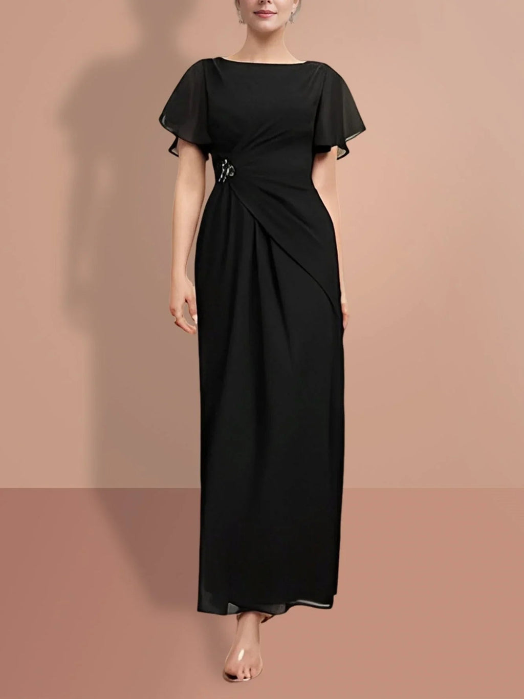Vestidos de Mãe da Noiva com Bainha/Coluna, Comprimento ao Tornozelo, Mangas Curtas