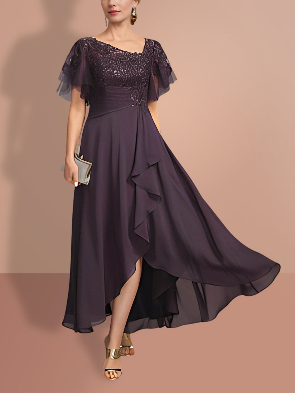 Vestido Princesa Mãe da Noiva Manga Curta A Line com Design Assimétrico