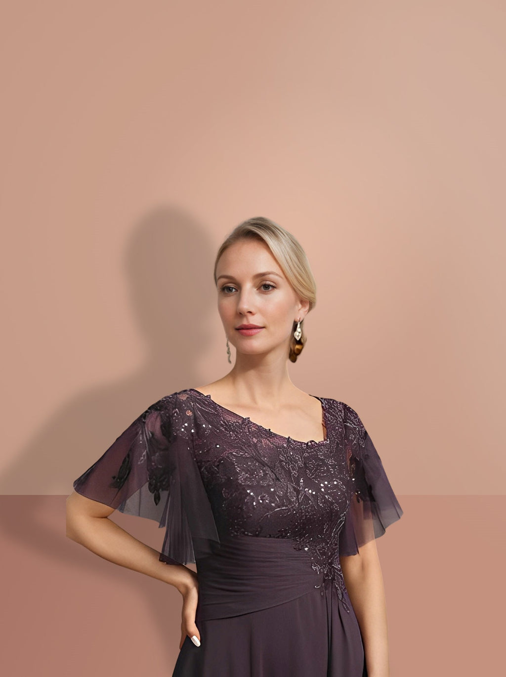 Vestido Princesa Mãe da Noiva Manga Curta A Line com Design Assimétrico