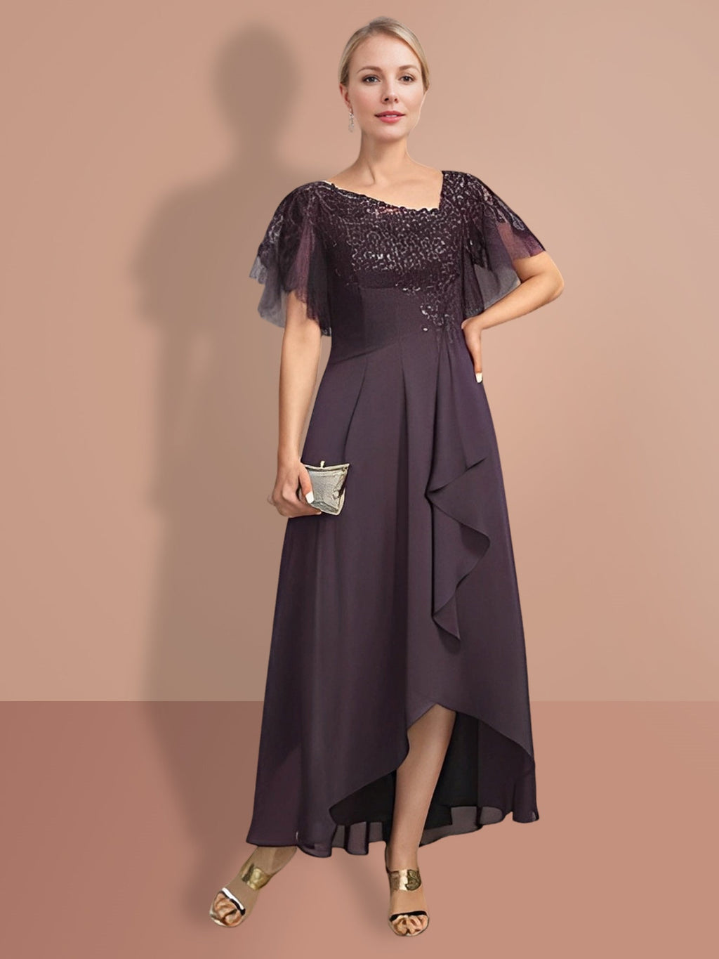 Vestido Princesa Mãe da Noiva Manga Curta A Line com Design Assimétrico