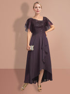 Vestido Princesa Mãe da Noiva Manga Curta A Line com Design Assimétrico