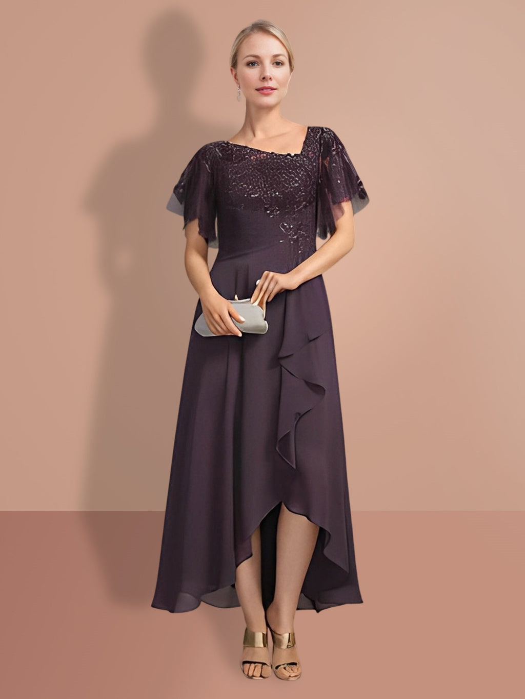 Vestido Princesa Mãe da Noiva Manga Curta A Line com Design Assimétrico