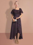 Vestido Princesa Mãe da Noiva Manga Curta A Line com Design Assimétrico
