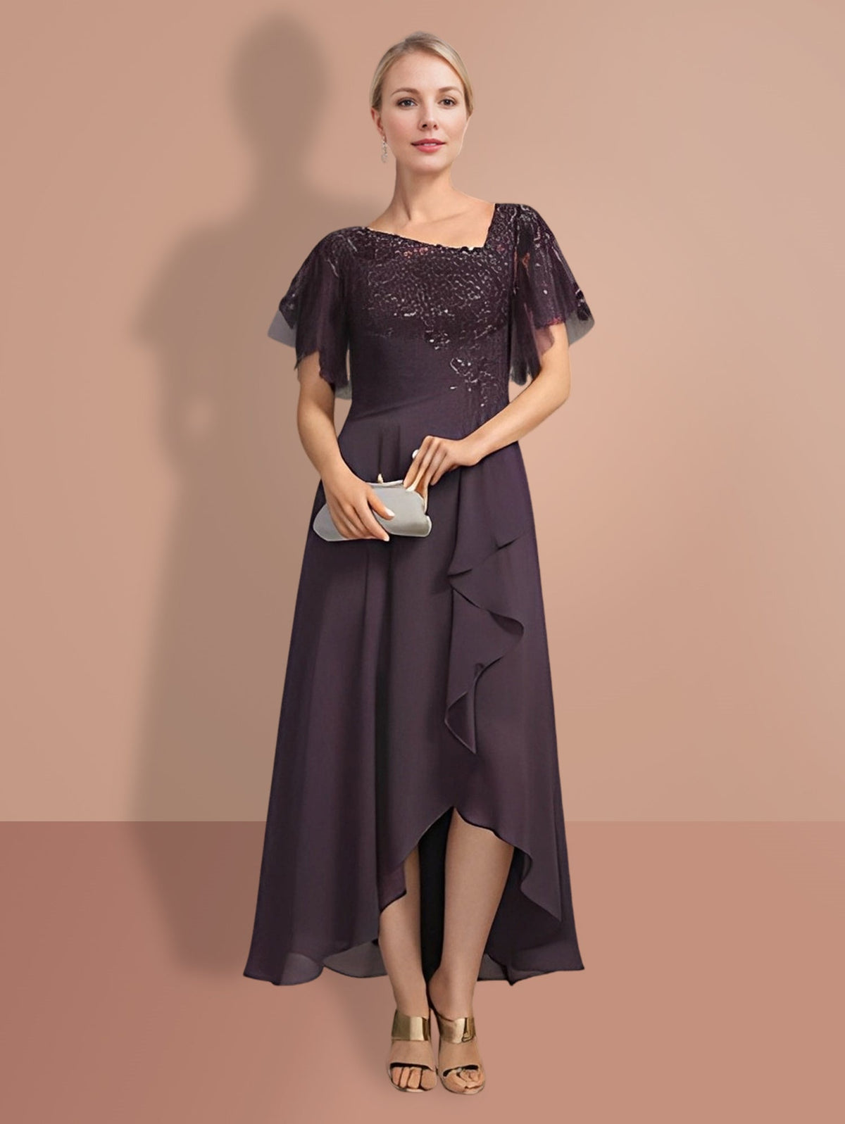 Vestido Princesa Mãe da Noiva Manga Curta A Line com Design Assimétrico