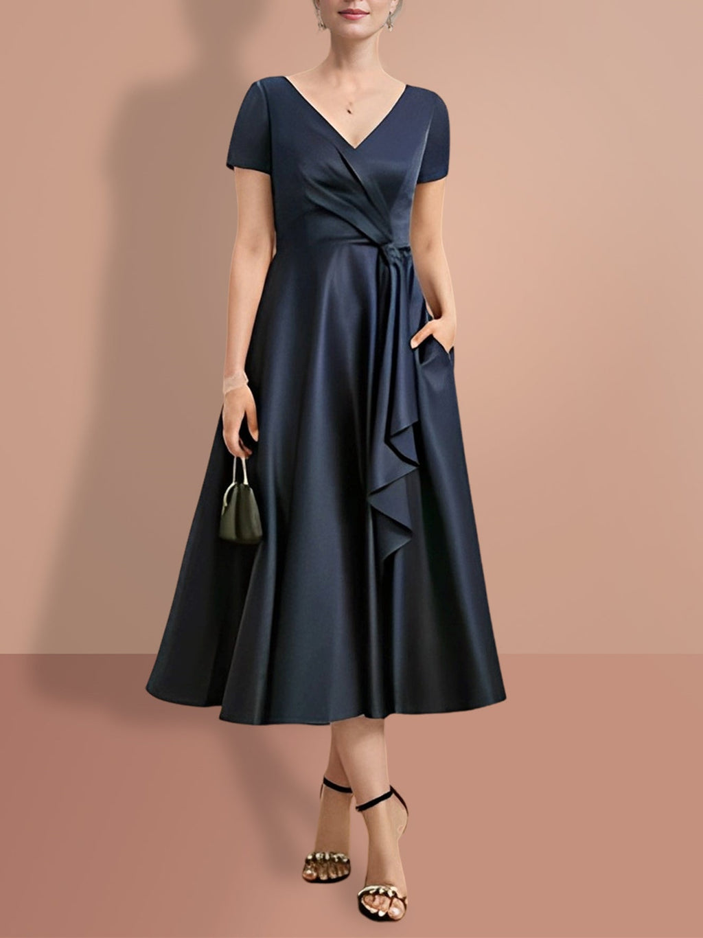 V Neck A Line Princess Short Sleeve Mother Of The Bride Dress