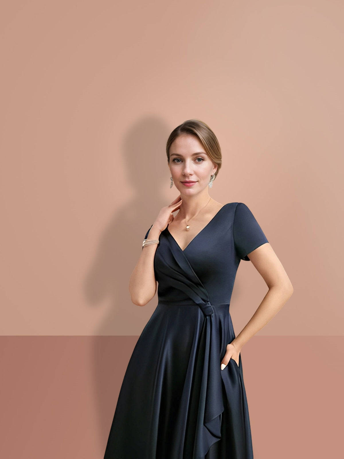 V Neck A Line Princess Short Sleeve Mother Of The Bride Dress