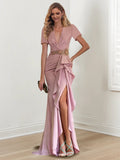 V Neck Floor Length Mermaid Trumpet Mother Of The Bride Dress With Ruffles