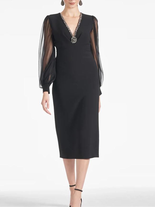 V Neck Tea Length Mother Of The Bride Sheath Dresses
