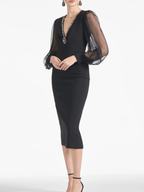 V Neck Tea Length Mother Of The Bride Sheath Dresses